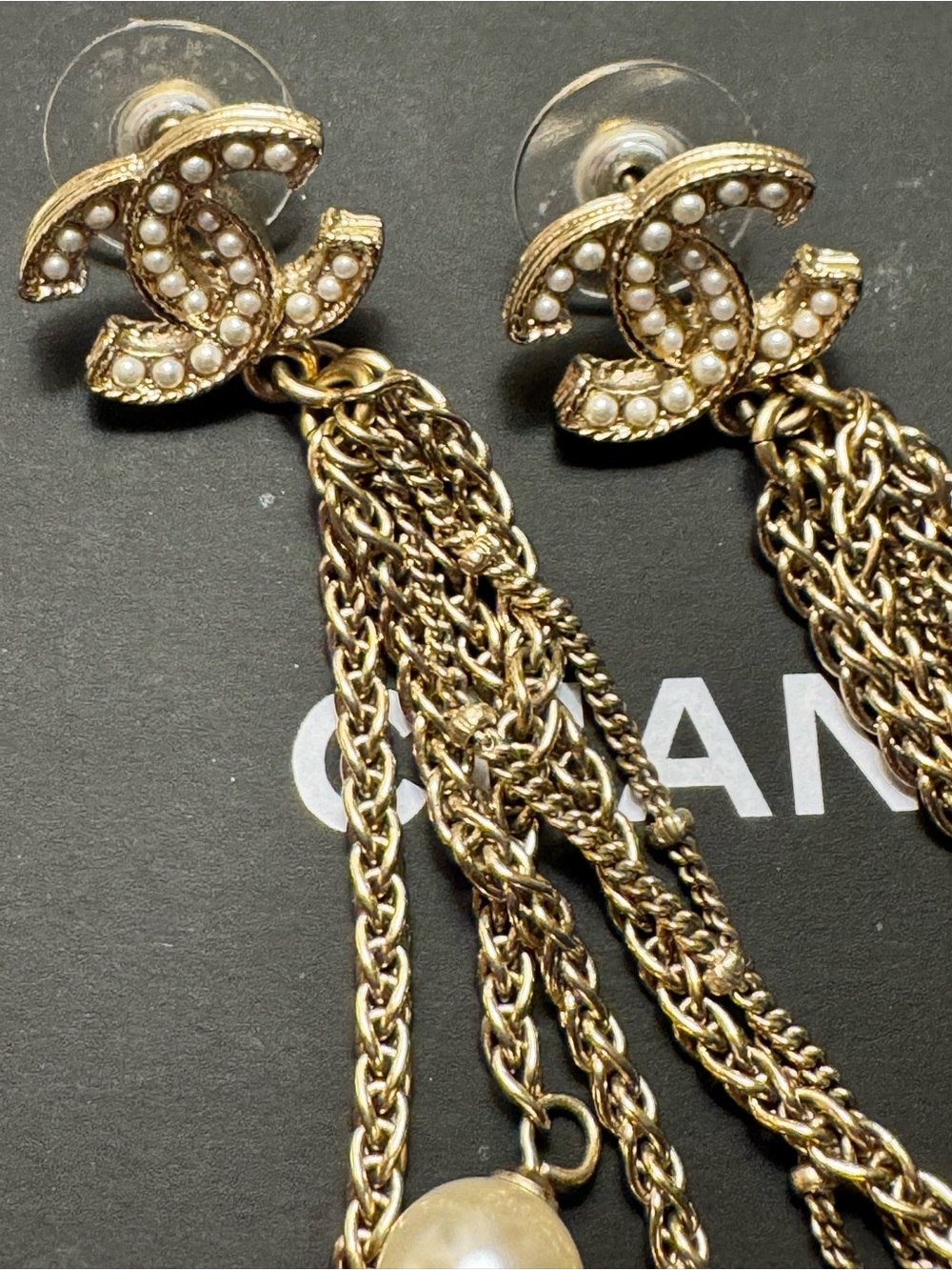 CHANEL Gold Pearl Chain Tassel Drop Earrings - Picture 2 of 7